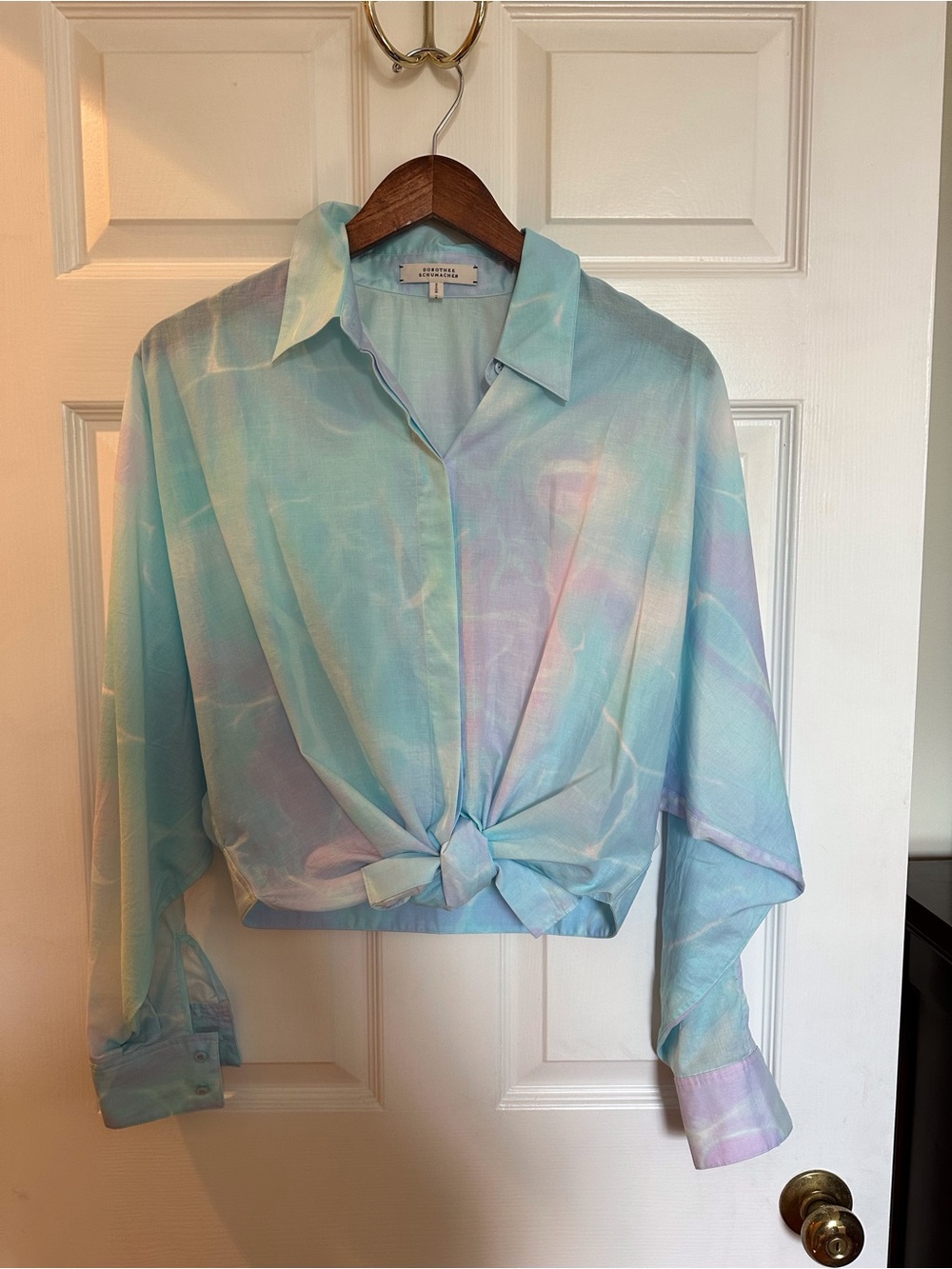 Dorothee Schumacher Exquisite Tie-Front Pastel Aqua & Lavender Shirt, size 3(10)